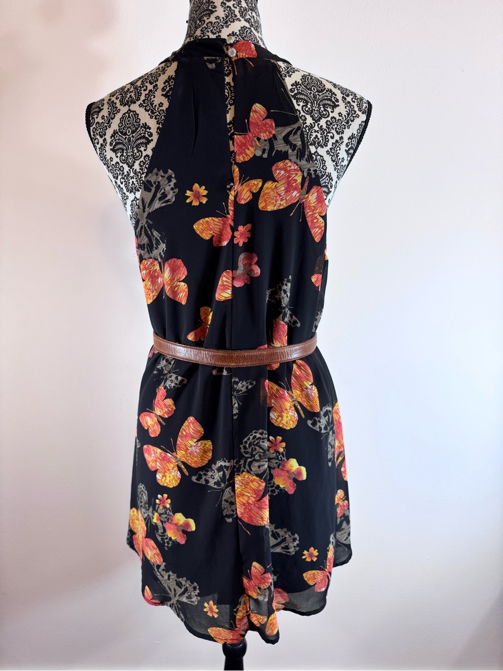 One Clothing Butterfly Black Halter Mini Dress with Pink & Yellow Print size LG - Picture 5 of 10